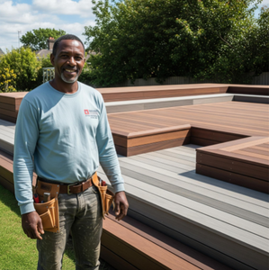 A smiling carpenter standing proudly in front of a newly completed, high-quality custom deck, representing a successful and profitable project.