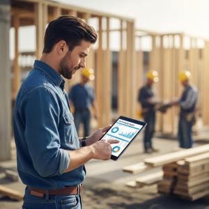 A confident carpenter reviewing a clean, easy-to-read job profitability report on a tablet at a construction site.