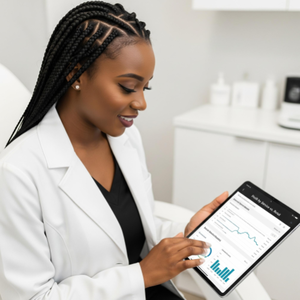 A confident esthetician reviewing a clean 'Profit by Service vs. Retail' report on a tablet in her pristine studio.