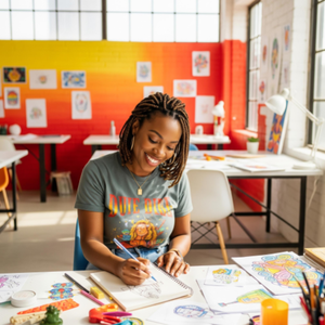 A smiling graphic designer sketching in a notebook in a bright, creative studio space.