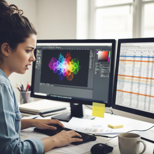 A graphic designer looking stressed at their computer, with design software open on one screen and a confusing spreadsheet on the other.