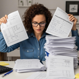 A cleaning service owner at a desk, looking overwhelmed by employee timesheets and invoices for cleaning supplies.