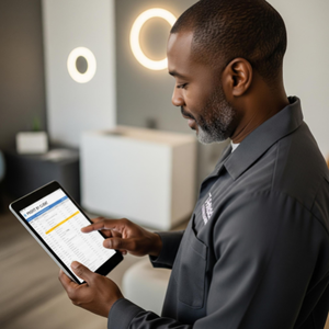 A confident janitorial service manager reviewing a clean 'Profit by Client' report on a tablet in a brightly lit office.