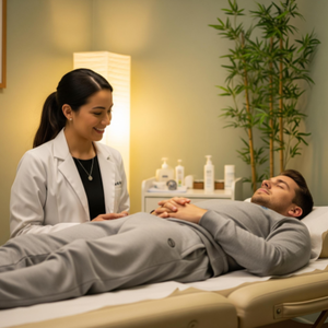 A smiling acupuncturist consulting with a relaxed patient in a peaceful and professional treatment room.