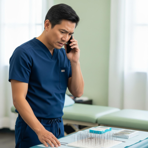 An acupuncturist looking concerned while on the phone with an insurance company, with patient files and billing codes visible on the desk.