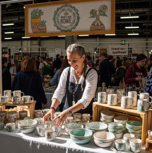 A smiling artisan happily arranging their products at a bustling and successful craft fair booth.