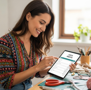 A confident crafter using a tablet to see a clear breakdown of costs and profit for one of their handmade products.