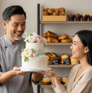 A smiling bakery owner handing a beautifully decorated cake to a happy customer over the counter of a clean and busy shop.