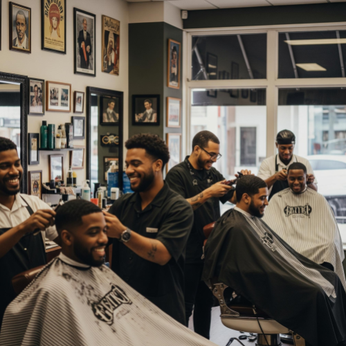 A classic barbershop scene with multiple barbers attending to happy clients, showcasing a busy and successful business.