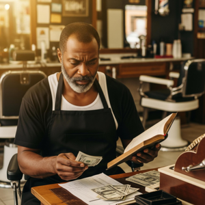 A barbershop owner looking concerned while reviewing a ledger book and cash from the register at the end of a long day.
