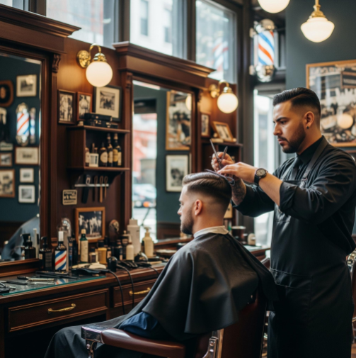 A skilled barber giving a client a precise haircut in a classic, stylish barbershop.