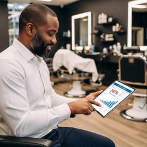 A confident barbershop owner using a tablet to view a clean financial report showing profit margins on services and retail products.