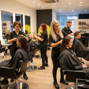 A bustling, modern beauty salon with several stylists attending to happy, relaxed clients.