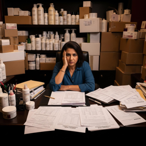 A salon owner looking stressed in their office, surrounded by product inventory boxes and stylist commission reports.
