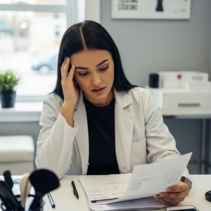 A waxing studio owner looking concerned while reviewing invoices for wax and other supplies in their treatment room.