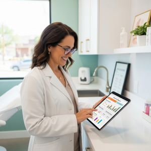 A confident esthetician using a tablet to view a clean report showing the profitability of different waxing services.