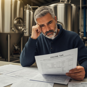 A brewery owner looking concerned while reviewing complex excise tax forms, with large fermentation tanks in the background.