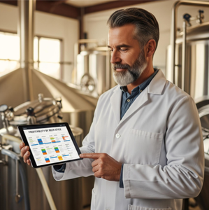 A confident brewmaster holding a tablet displaying a clear 'Profitability by Beer Style' report in the brewery's taproom.