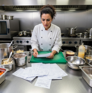 A stressed caterer in a commercial kitchen, surrounded by food prep, looking at a pile of supplier invoices and a complex event schedule.