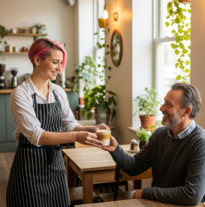 A smiling barista handing a latte to a happy customer in a bright, modern, and welcoming coffee shop.