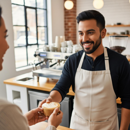 A smiling barista handing a latte with perfect art to a customer in a bright, modern coffee shop.
