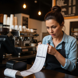 A stressed coffee shop owner staring at a long end-of-day POS system receipt, with a busy cafe reflected in the screen.