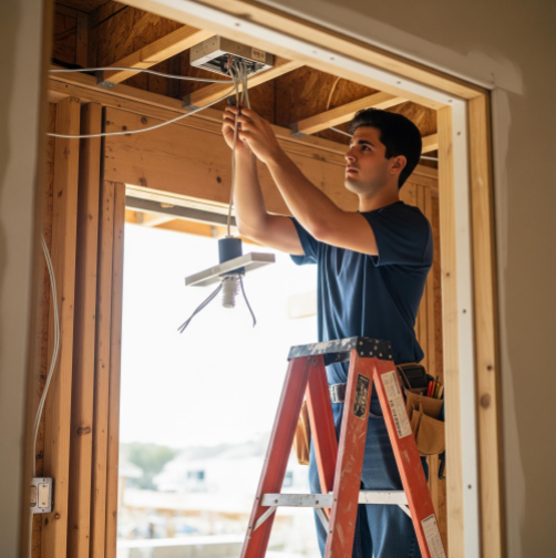 An electrician on a ladder, carefully wiring a new light fixture in a home under construction.