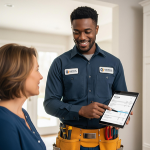 A confident electrical contractor on a job site, showing a client a clear, professional-looking invoice on a tablet.