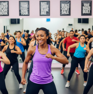 A high-energy fitness class in full swing, with a smiling instructor leading a group of engaged members.