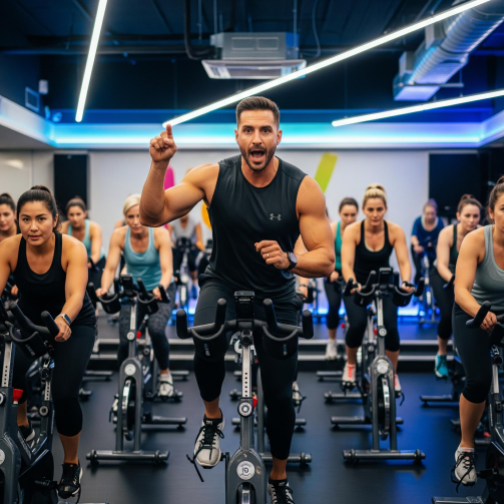 A dynamic instructor leading an energetic spin class in a boutique fitness studio.