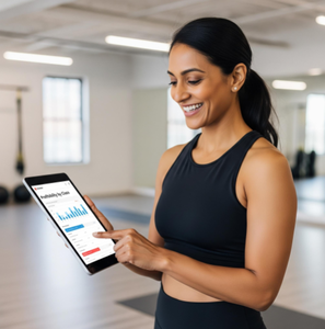 A confident fitness studio owner reviewing a clean 'Profitability by Class' report on a tablet in their studio.