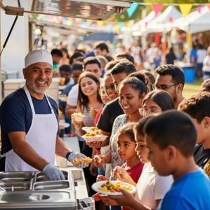 A smiling food truck owner serving a long line of happy customers at a sunny outdoor festival.