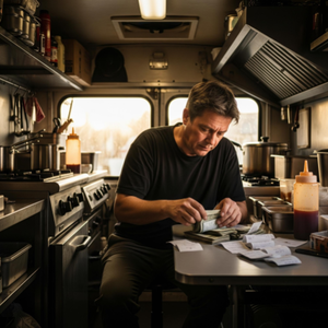A food truck owner looking stressed, counting a mix of cash and credit card receipts inside the cramped truck after a long day.