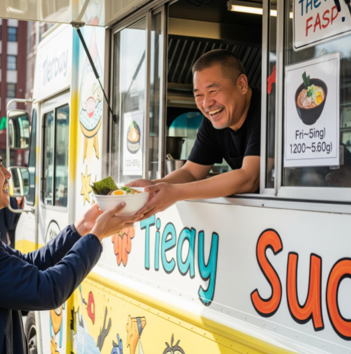 A cheerful food truck owner leaning out of the service window, handing food to a happy customer.