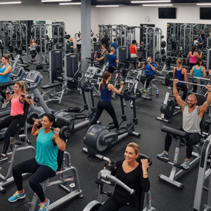 A bustling gym floor with happy members using various state-of-the-art equipment.