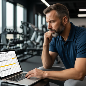 A gym owner in an office, looking concerned at a spreadsheet showing membership churn rates and high equipment maintenance costs.