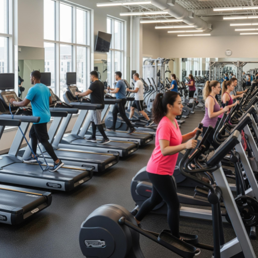 A diverse group of people working out in a large, clean, and modern health club.