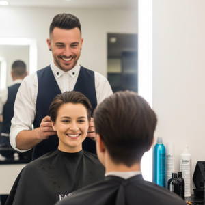 A proud and smiling hair stylist standing behind a client who is happily looking at their new hairstyle in the mirror.
