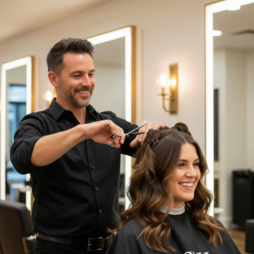 An independent hair stylist smiling while finishing a client's beautiful haircut in a salon suite.