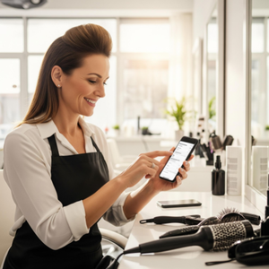 A confident hair stylist using a smartphone to easily categorize a supply purchase for their bookkeeping records.