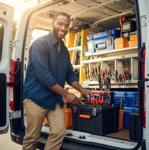 A friendly and capable handyman organizing tools in the back of his well-kept work van.