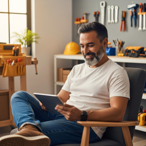 A relaxed handyman enjoying a weekend, tools put away, confident his business finances are in order.