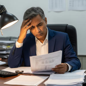 A home health care agency owner looking stressed over complex employee schedules and payroll documents.