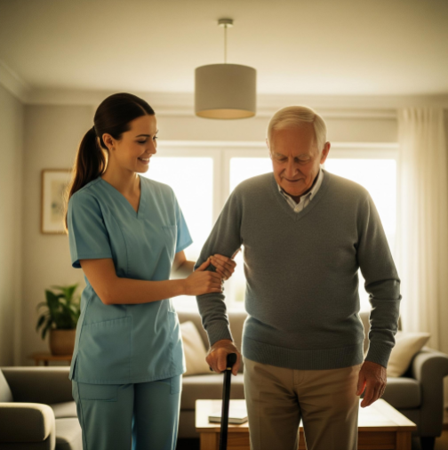 A compassionate caregiver assisting an elderly client with a walk in their home.