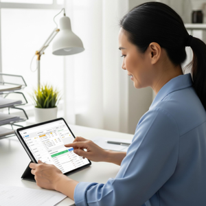 A calm home health care coordinator using a tablet to efficiently manage caregiver schedules and billing information.
