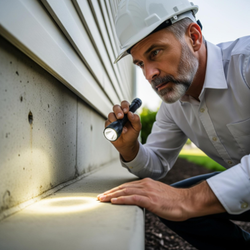 A professional home inspector using a flashlight to examine the foundation of a house.