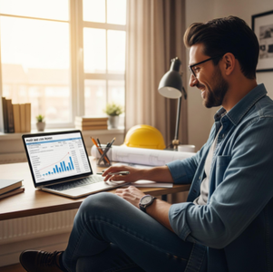 A relaxed home inspector reviewing his business's positive profit and loss report on a laptop while enjoying a cup of coffee.