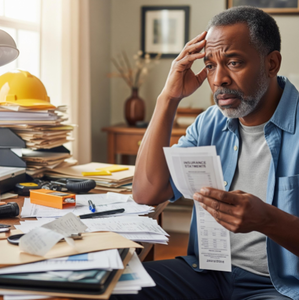 A home inspector looking stressed while sorting through gas receipts and insurance statements at a cluttered home office desk.