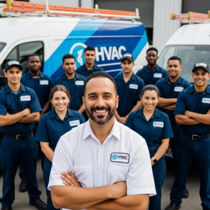 A smiling HVAC business owner standing with his team of technicians in front of their branded service vans.