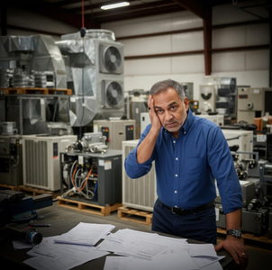 An HVAC business owner looking stressed in a warehouse, surrounded by expensive inventory like furnaces and AC units, holding a messy clipboard.